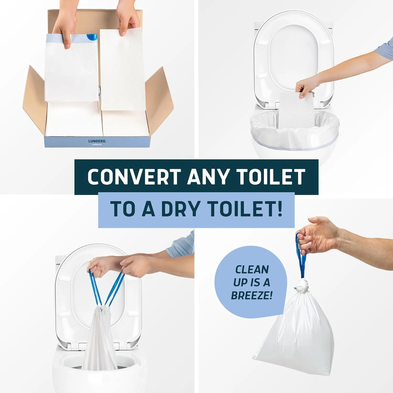 Lunderg Toilet Liners with Super Absorbent Pads - Value Pack 50 Count Universal Fit - Disposable Toilet Bags to Convert any Home, Boat or Camping WC into a Dry Flush - Emergency must have