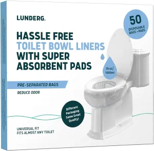 Lunderg Toilet Liners with Super Absorbent Pads - Value Pack 50 Count Universal Fit - Disposable Toilet Bags to Convert any Home, Boat or Camping WC into a Dry Flush - Emergency must have