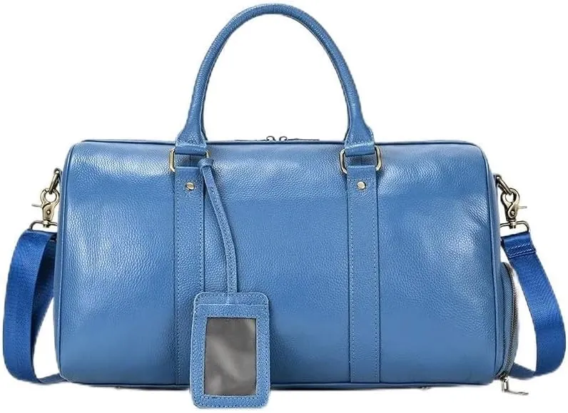 Luxury Genuine Leather Men Women Travel Bag Cow Leather Carry On Luggage Bag Travel Shoulder Bag Male Female Weekend Duffle Bag(Blue(45cm))