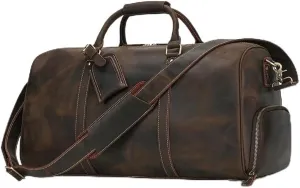 Luxury Genuine Leather Men Women Travel Bag Cow Leather Carry On Luggage Bag Travel Shoulder Bag Male Female Weekend Duffle Bag(Dark Brown(55cm))