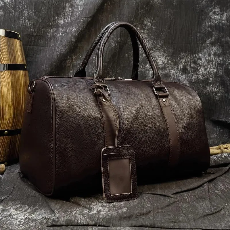 Luxury Genuine Leather Men Women Travel Bag Cow Leather Carry On Luggage Bag Travel Shoulder Bag Male Female Weekend Duffle Bag(Dark Brown(55cm))