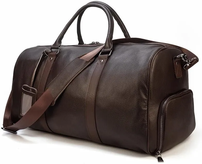 Luxury Genuine Leather Men Women Travel Bag Cow Leather Carry On Luggage Bag Travel Shoulder Bag Male Female Weekend Duffle Bag(Dark Brown(55cm))