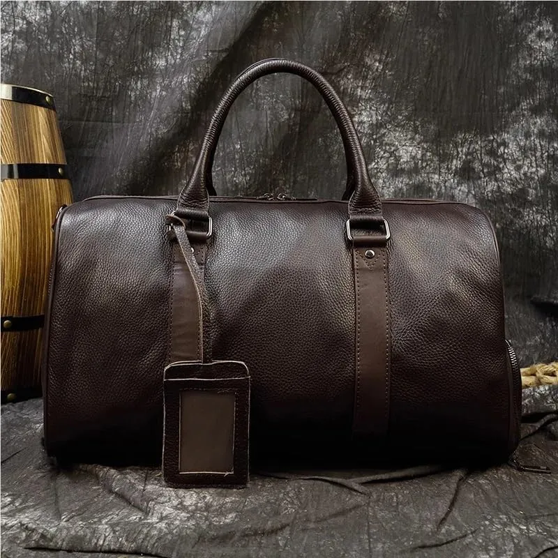 Luxury Genuine Leather Men Women Travel Bag Cow Leather Carry On Luggage Bag Travel Shoulder Bag Male Female Weekend Duffle Bag(Dark Brown(55cm))