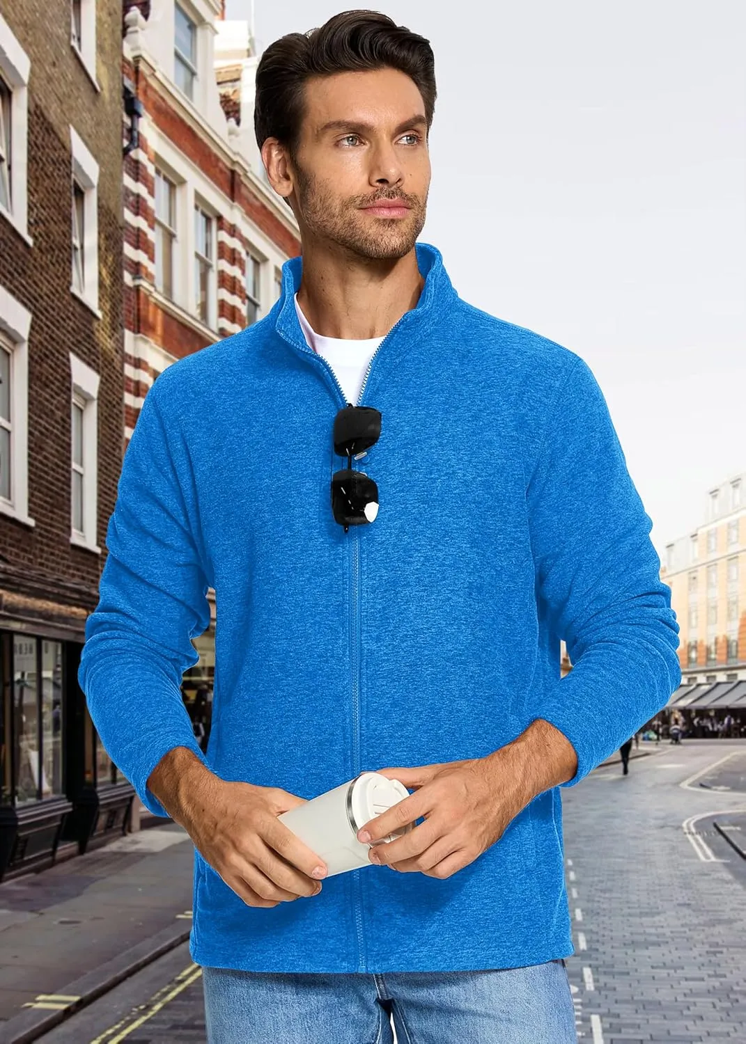 MAGCOMSEN Men's Fleece Full Zip Jacket Lightweight Stand Collar Jackets Soft Warm Windproof Casual Coats with Zipper Pockets