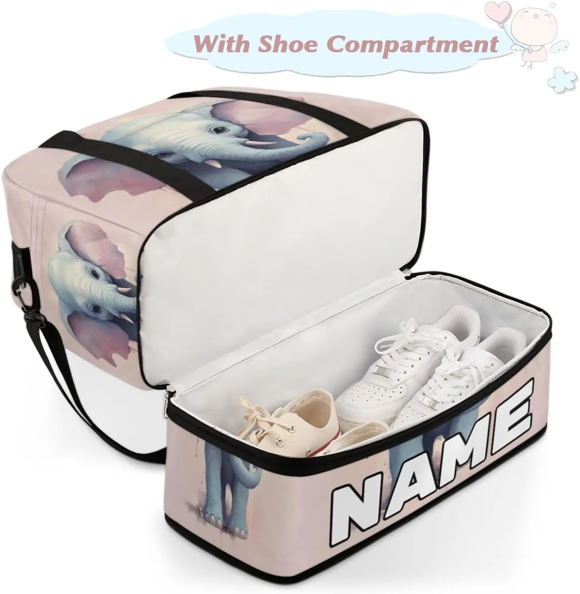 Magical Elephant Custom Foldable Duffle Bag with Shoes Compartment Personalized Large Capacity Waterproof Travel Weekender Bag Overnight Bag for Sports Gym