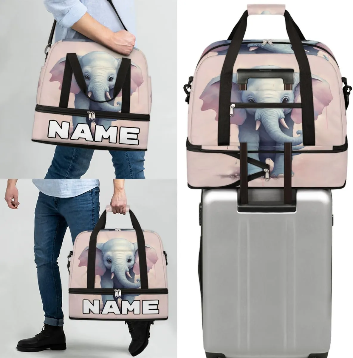 Magical Elephant Custom Foldable Duffle Bag with Shoes Compartment Personalized Large Capacity Waterproof Travel Weekender Bag Overnight Bag for Sports Gym