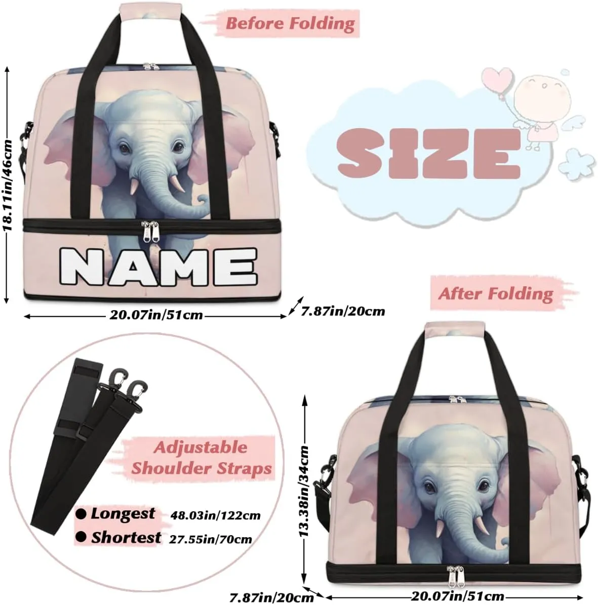 Magical Elephant Custom Foldable Duffle Bag with Shoes Compartment Personalized Large Capacity Waterproof Travel Weekender Bag Overnight Bag for Sports Gym