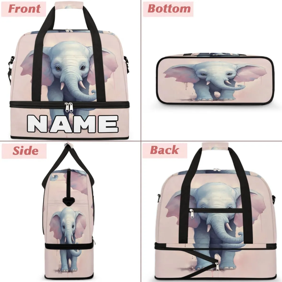Magical Elephant Custom Foldable Duffle Bag with Shoes Compartment Personalized Large Capacity Waterproof Travel Weekender Bag Overnight Bag for Sports Gym