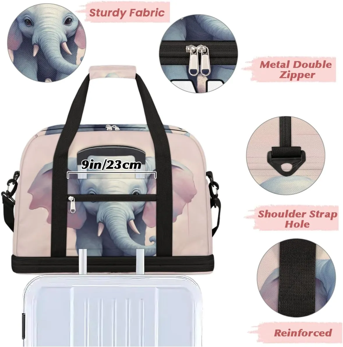Magical Elephant Custom Foldable Duffle Bag with Shoes Compartment Personalized Large Capacity Waterproof Travel Weekender Bag Overnight Bag for Sports Gym