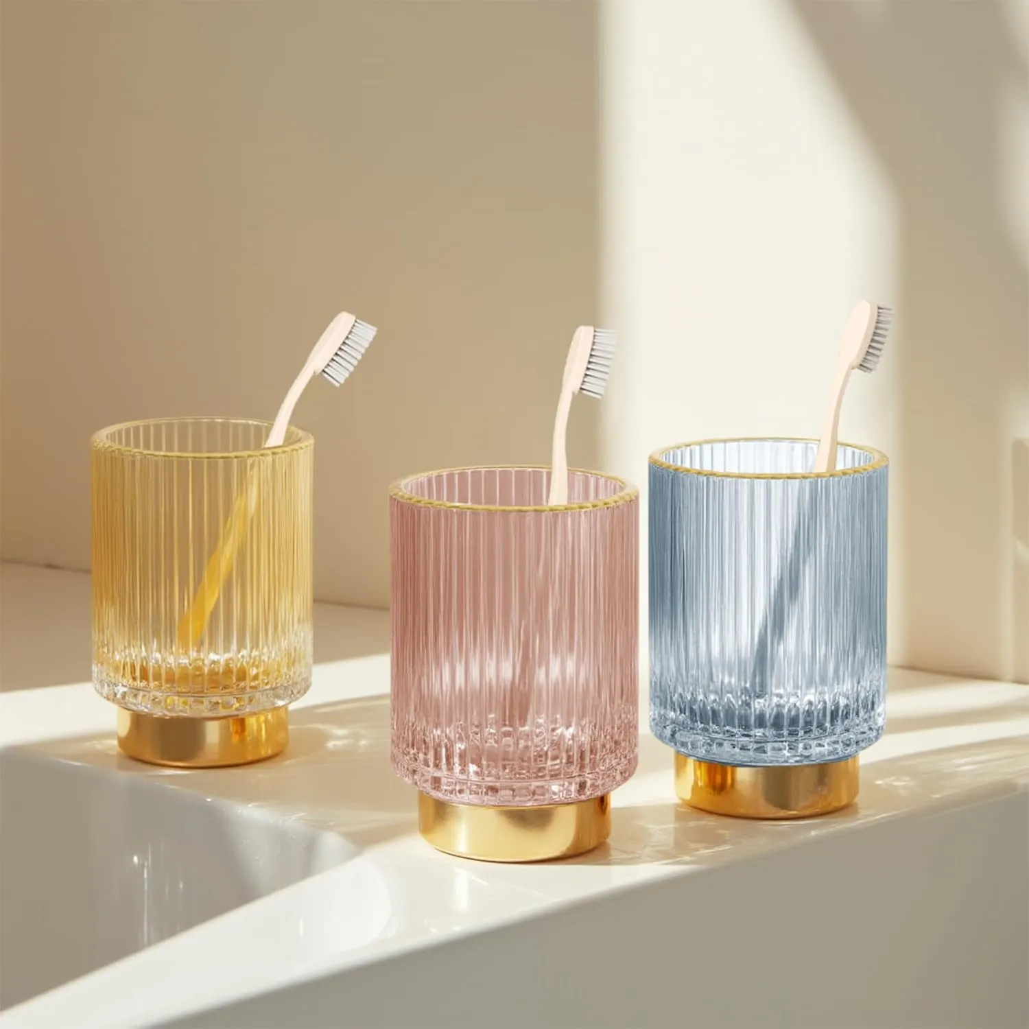 Makeup Brush holder Organizer, Crystal Glass Toothbrush Holders, Striped Make Up Brush Holder for Vanity, Pen Holder for Desk, Vase -Blue (S L)