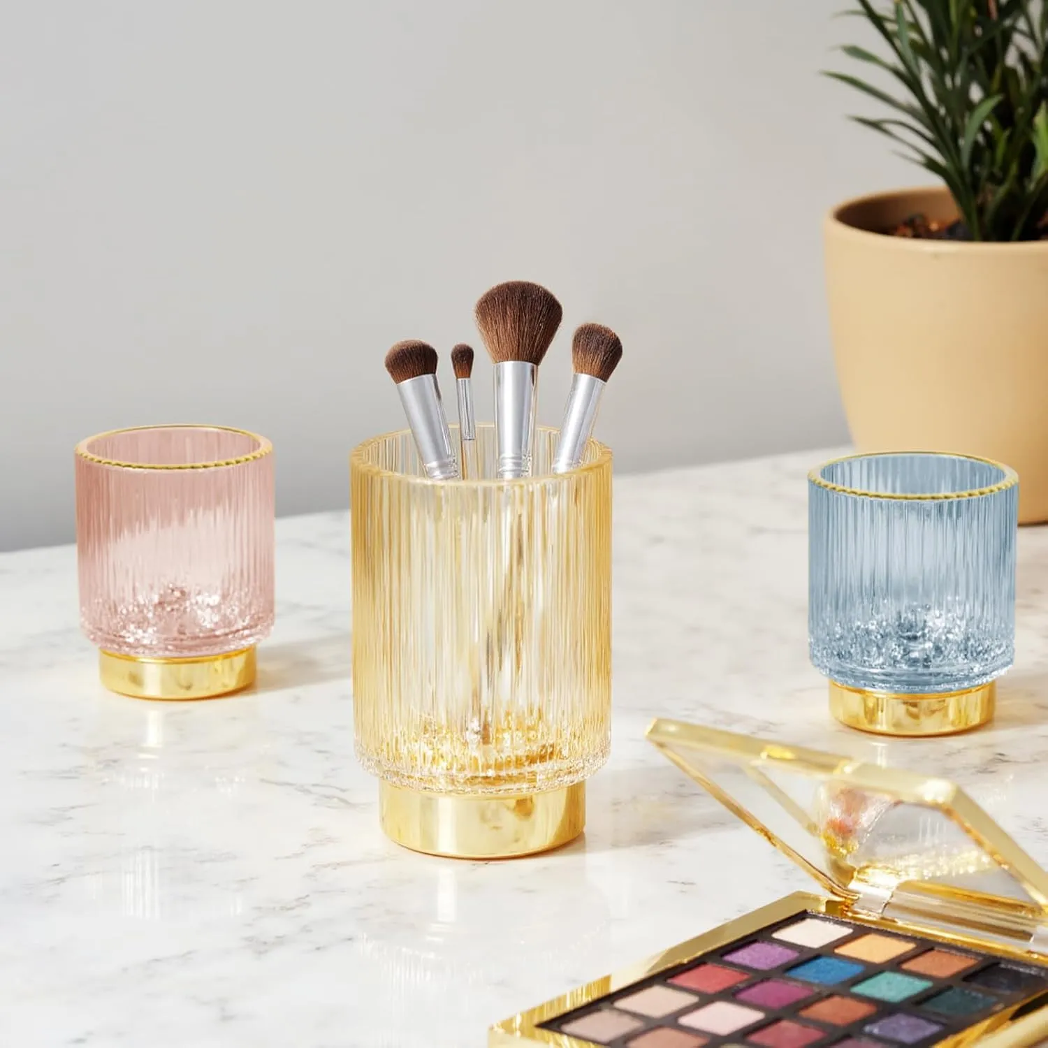 Makeup Brush holder Organizer, Crystal Glass Toothbrush Holders, Striped Make Up Brush Holder for Vanity, Pen Holder for Desk, Vase -Blue (S L)