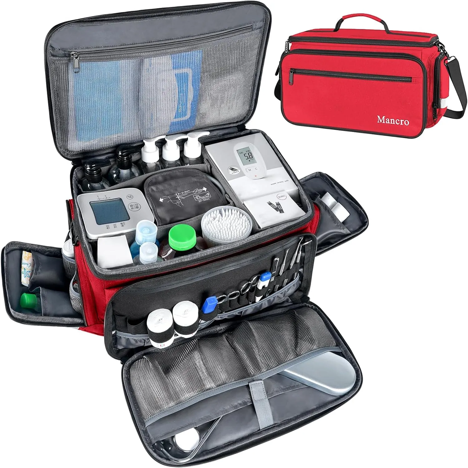Mancro Medical Bags, Medical Equipment Bag Empty, Water-Resistant Home Health Nurse Bag for Medical Student, First Aid Responder Bag, Nurse Gifts, Red Medical Bag Organizer