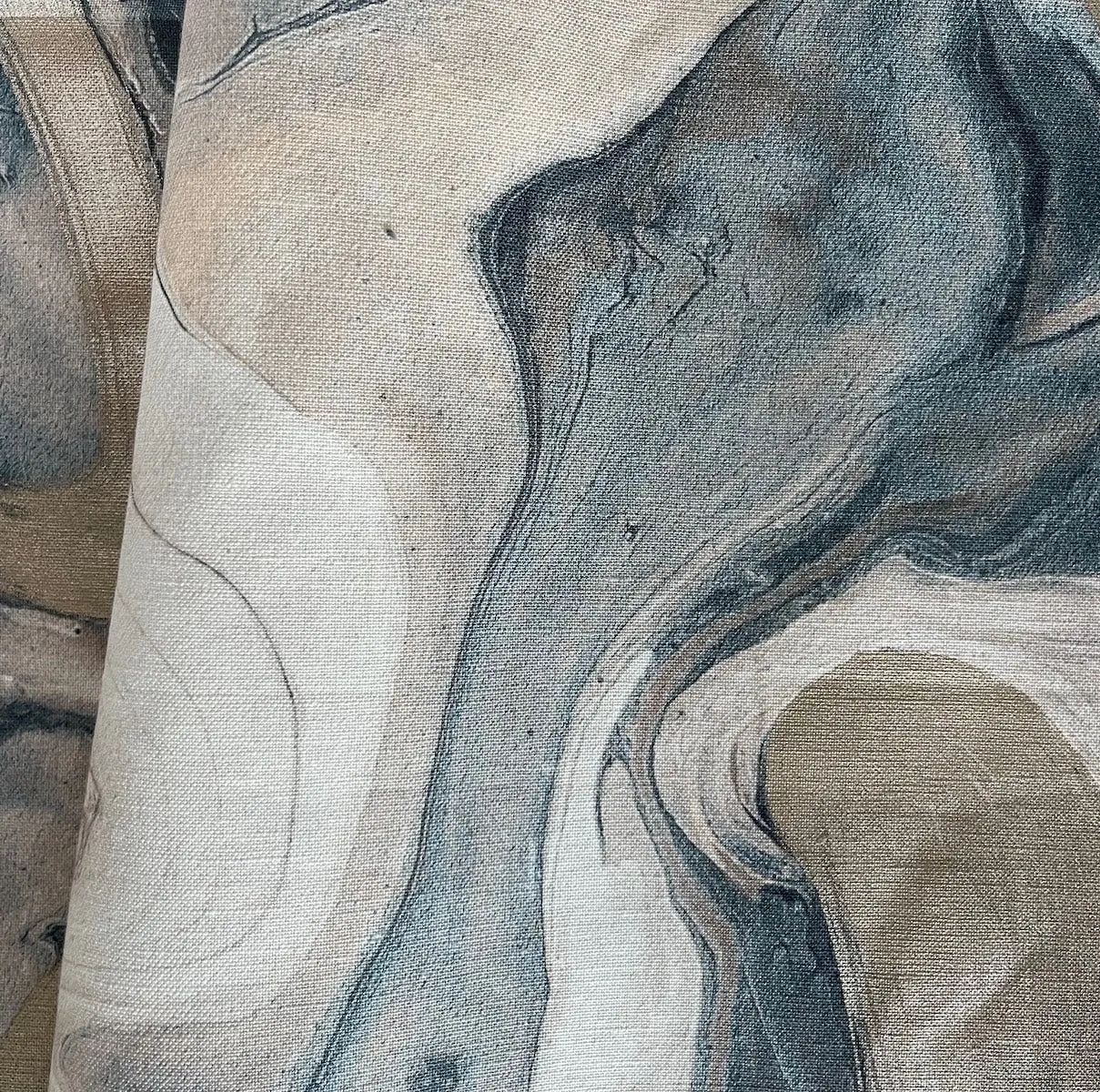 Marbleized Golden Teal Swirls Cotton & Linen Canvas (Made in India)
