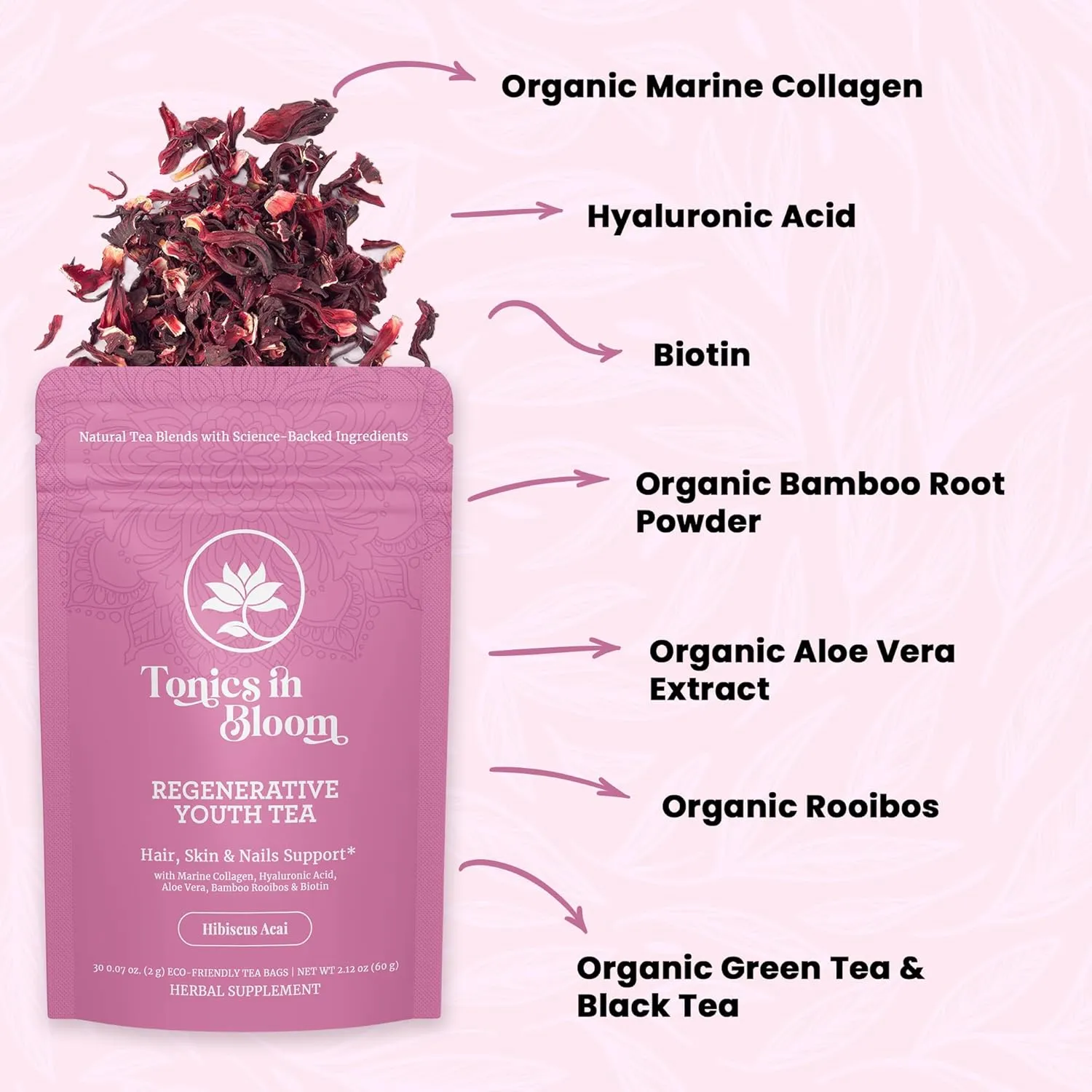 Marine Collagen Beauty Tea – Infused with Organic Botanicals for Skin, Hair & Nails – Hibiscus Acai Flavor – 30 Tea Bags