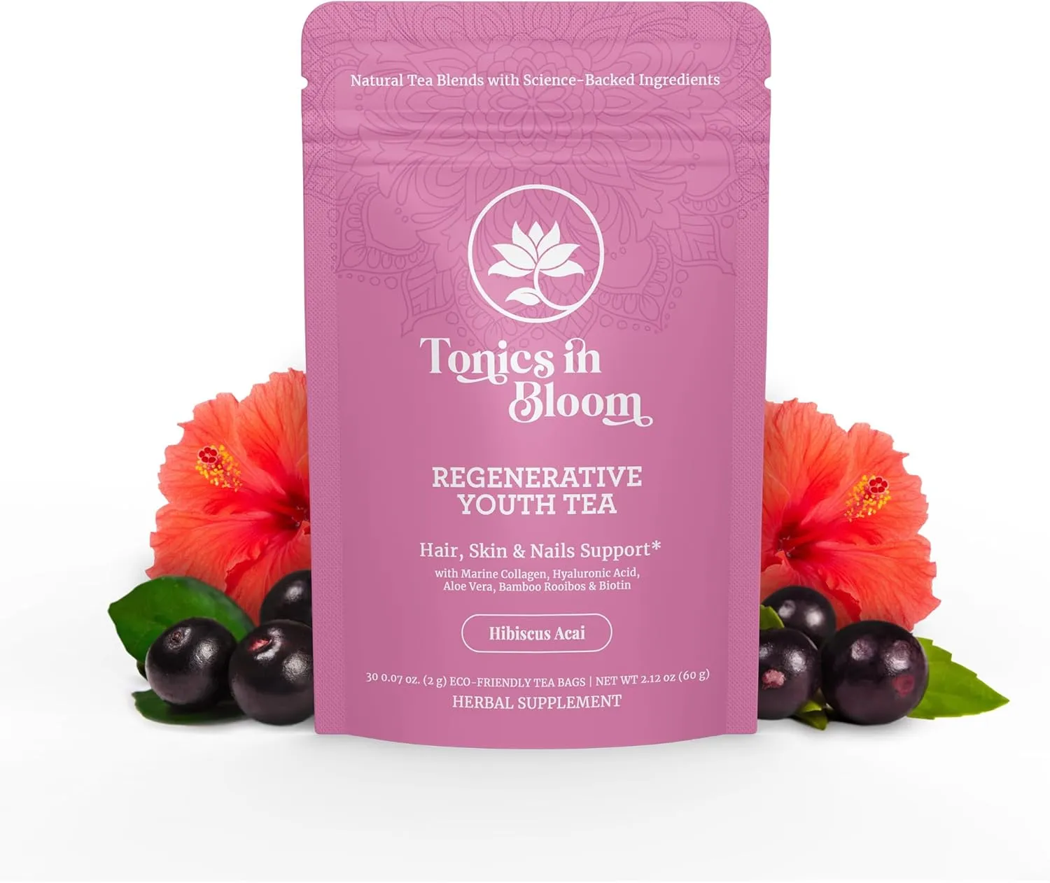 Marine Collagen Beauty Tea – Infused with Organic Botanicals for Skin, Hair & Nails – Hibiscus Acai Flavor – 30 Tea Bags