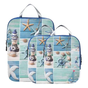 Marine Lighthouse Sailboats Starfishes Ships Steering Wheel on Wood 3 Set Packing Cubes, Waterproof Check Oxford cloth Organizers, Travel Packing Toiletry Storage Bag