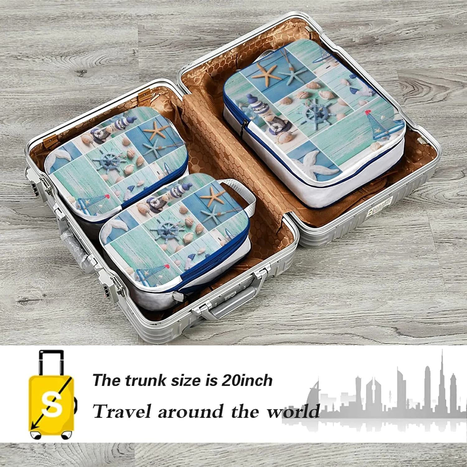 Marine Lighthouse Sailboats Starfishes Ships Steering Wheel on Wood 3 Set Packing Cubes, Waterproof Check Oxford cloth Organizers, Travel Packing Toiletry Storage Bag