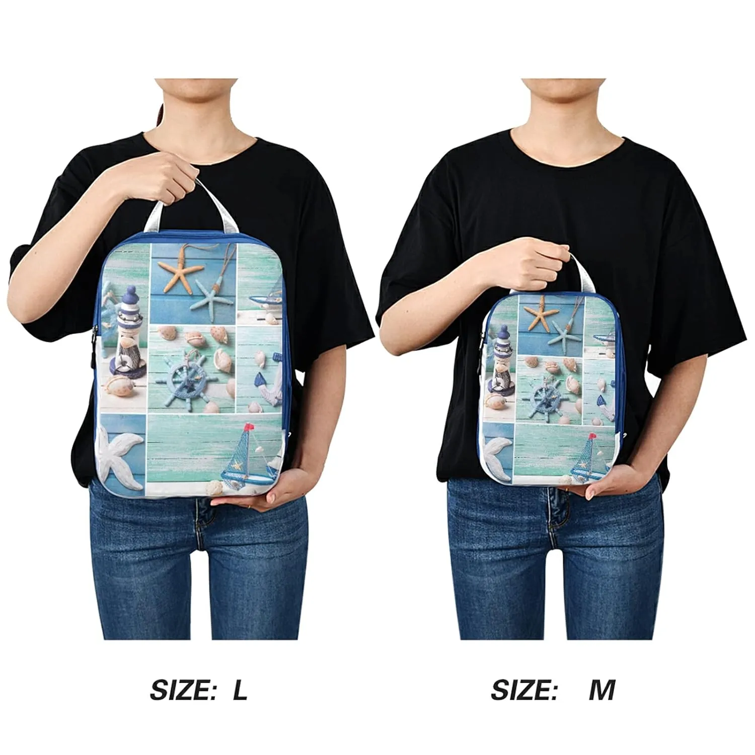 Marine Lighthouse Sailboats Starfishes Ships Steering Wheel on Wood 3 Set Packing Cubes, Waterproof Check Oxford cloth Organizers, Travel Packing Toiletry Storage Bag