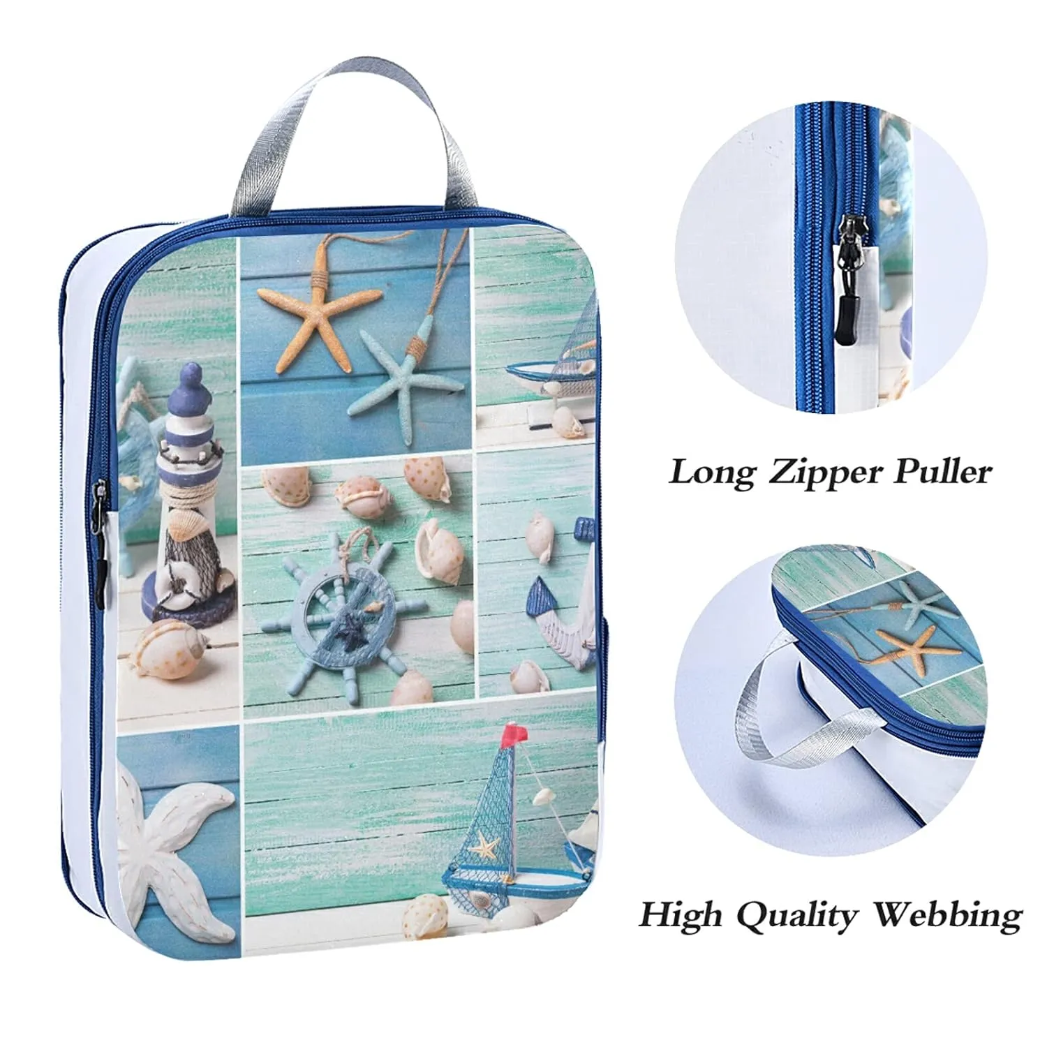Marine Lighthouse Sailboats Starfishes Ships Steering Wheel on Wood 3 Set Packing Cubes, Waterproof Check Oxford cloth Organizers, Travel Packing Toiletry Storage Bag