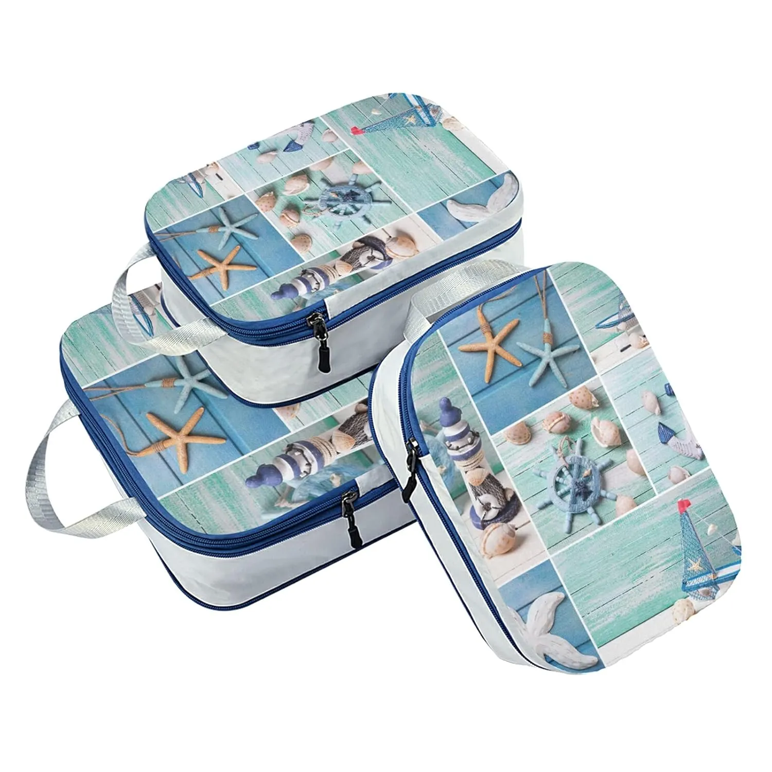 Marine Lighthouse Sailboats Starfishes Ships Steering Wheel on Wood 3 Set Packing Cubes, Waterproof Check Oxford cloth Organizers, Travel Packing Toiletry Storage Bag