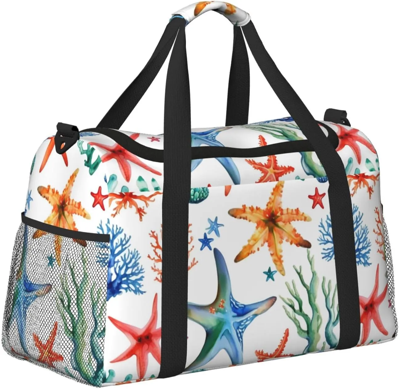 Marine Starfish Coral Travel Duffel Bag With Zippers And Handles, Big Foldable Duffle Bag For Family Vacations