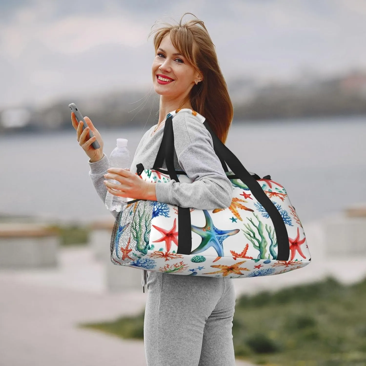 Marine Starfish Coral Travel Duffel Bag With Zippers And Handles, Big Foldable Duffle Bag For Family Vacations