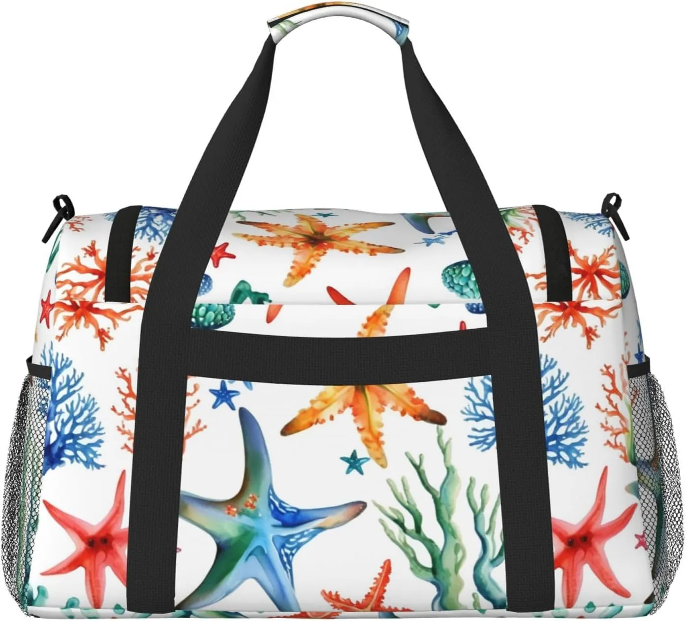 Marine Starfish Coral Travel Duffel Bag With Zippers And Handles, Big Foldable Duffle Bag For Family Vacations