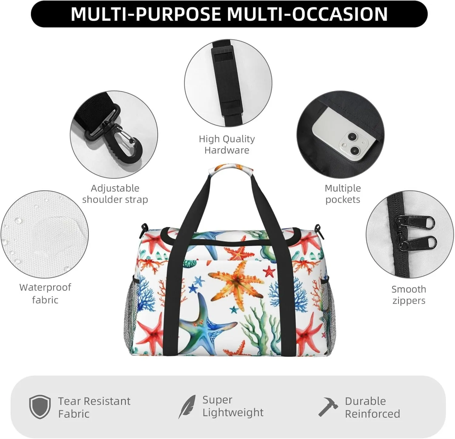 Marine Starfish Coral Travel Duffel Bag With Zippers And Handles, Big Foldable Duffle Bag For Family Vacations