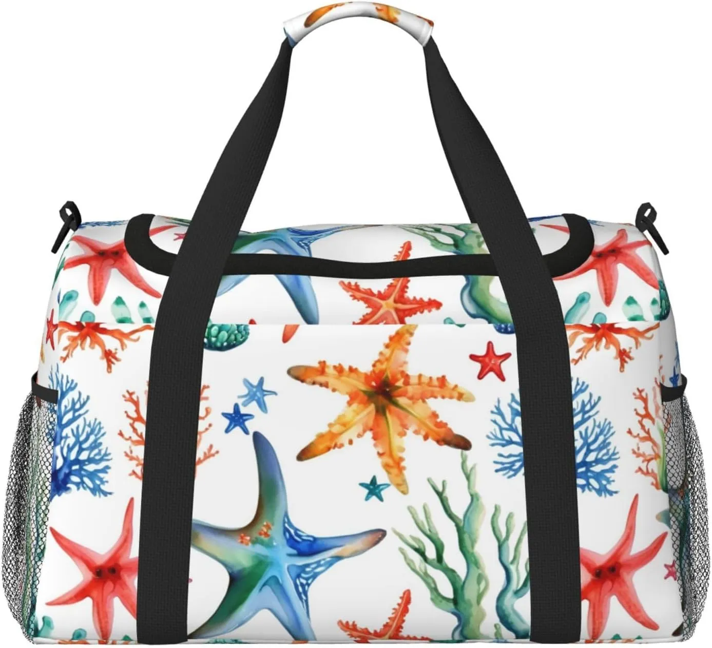 Marine Starfish Coral Travel Duffel Bag With Zippers And Handles, Big Foldable Duffle Bag For Family Vacations