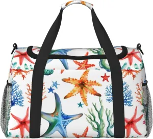 Marine Starfish Coral Travel Duffel Bag With Zippers And Handles, Big Foldable Duffle Bag For Family Vacations