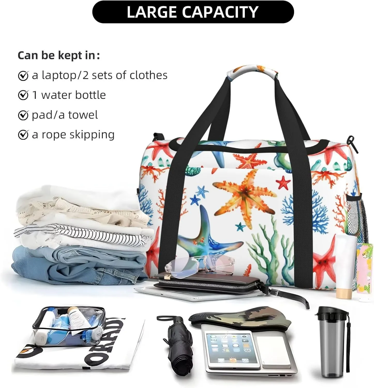 Marine Starfish Coral Travel Duffel Bag With Zippers And Handles, Big Foldable Duffle Bag For Family Vacations
