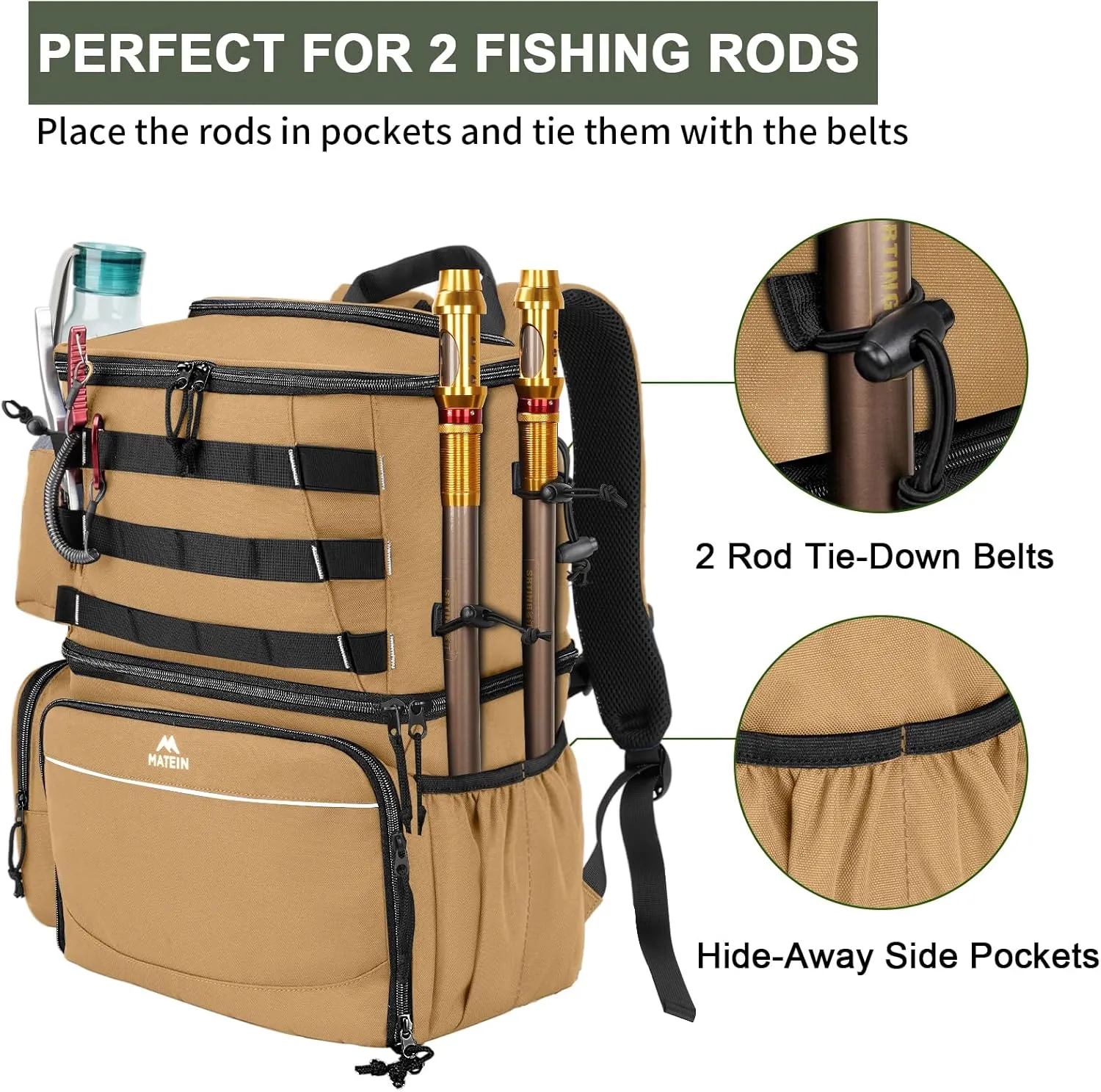 MATEIN Fishing Backpack, Water Resistant Fishing Tackle Box Bag with Rod Holders & Cooler, Gear Gifts for Men