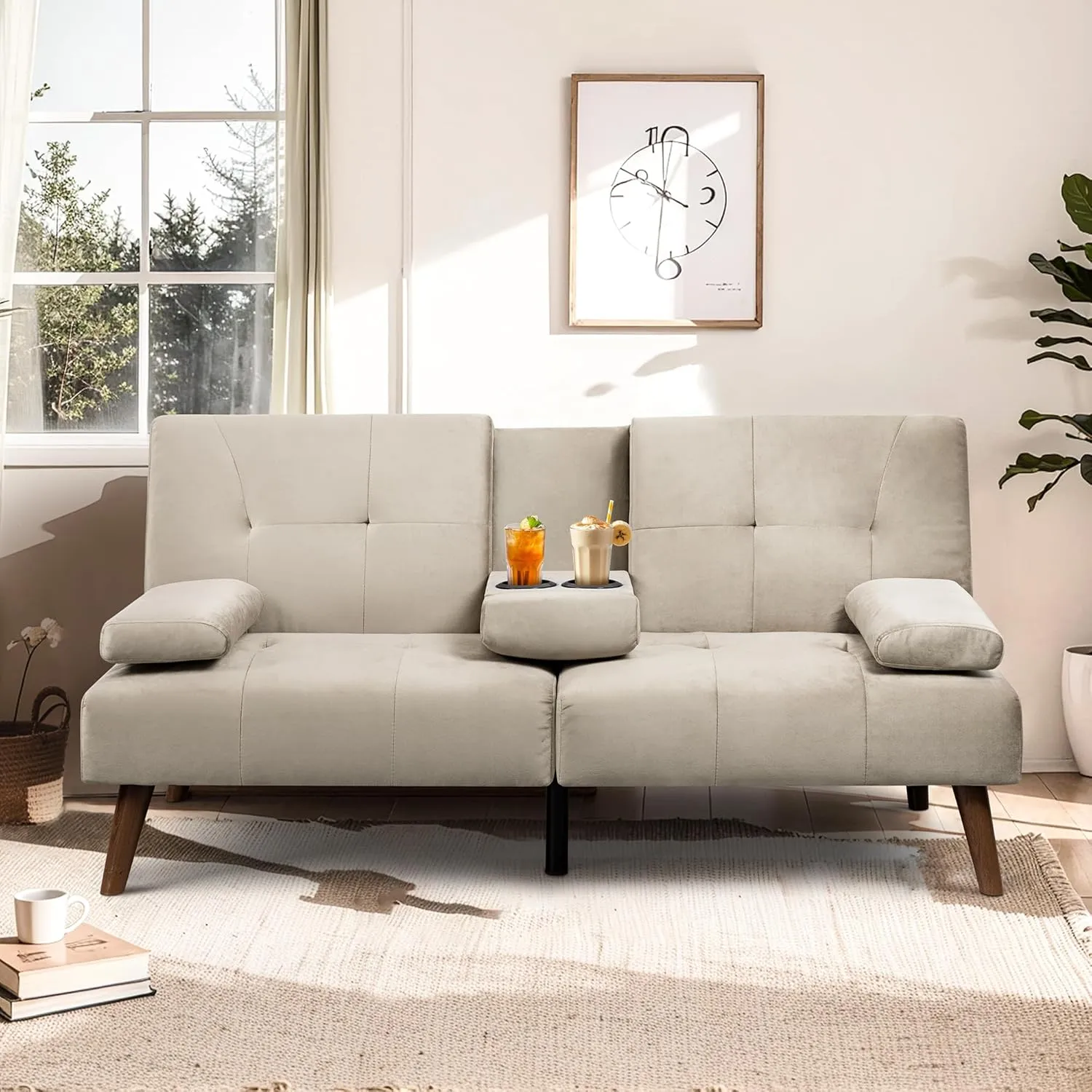 Meilocar Futon Sofa Bed Velvet, Loveseat Sofa Bed with Cup Holders, Adjustable Reliner Guest Bed Daybed for Small Space, Removable Armrest Pillows, 3 Angles, Beige