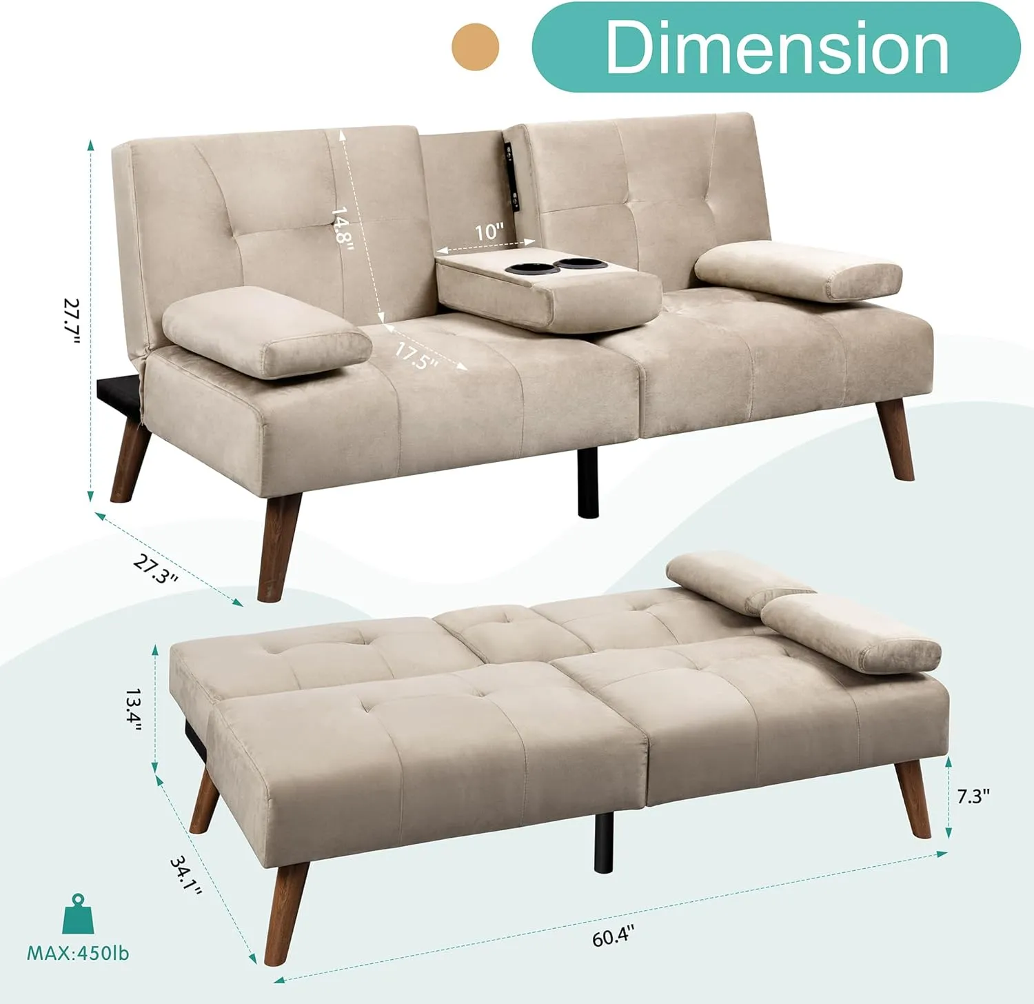 Meilocar Futon Sofa Bed Velvet, Loveseat Sofa Bed with Cup Holders, Adjustable Reliner Guest Bed Daybed for Small Space, Removable Armrest Pillows, 3 Angles, Beige