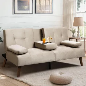 Meilocar Futon Sofa Bed Velvet, Loveseat Sofa Bed with Cup Holders, Adjustable Reliner Guest Bed Daybed for Small Space, Removable Armrest Pillows, 3 Angles, Beige