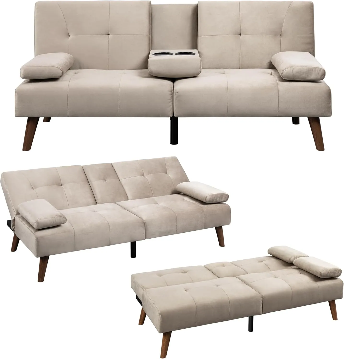Meilocar Futon Sofa Bed Velvet, Loveseat Sofa Bed with Cup Holders, Adjustable Reliner Guest Bed Daybed for Small Space, Removable Armrest Pillows, 3 Angles, Beige