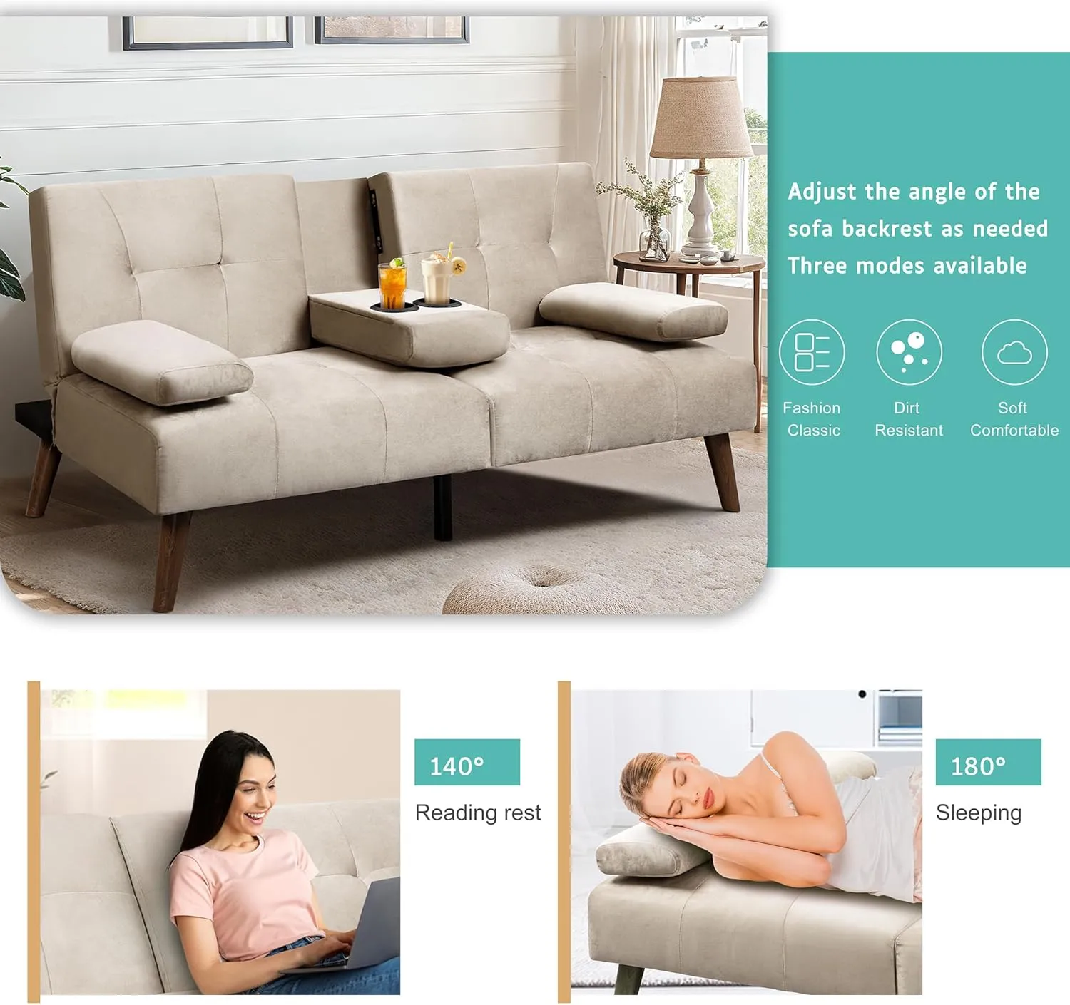 Meilocar Futon Sofa Bed Velvet, Loveseat Sofa Bed with Cup Holders, Adjustable Reliner Guest Bed Daybed for Small Space, Removable Armrest Pillows, 3 Angles, Beige