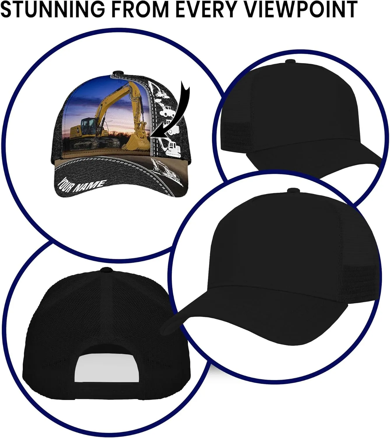 Men's Excavator Trucker Caps Personalized Heavy Construction Equipment Mesh Hat with Excavator Image for Birthday