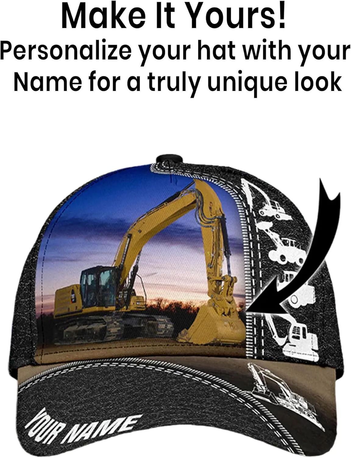 Men's Excavator Trucker Caps Personalized Heavy Construction Equipment Mesh Hat with Excavator Image for Birthday