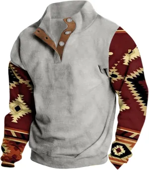 Mens Pullover Polo Sweatshirt Vintage Printed Casual Quarter Btton Stand Collar Tops Sweatshirts Fall Winter