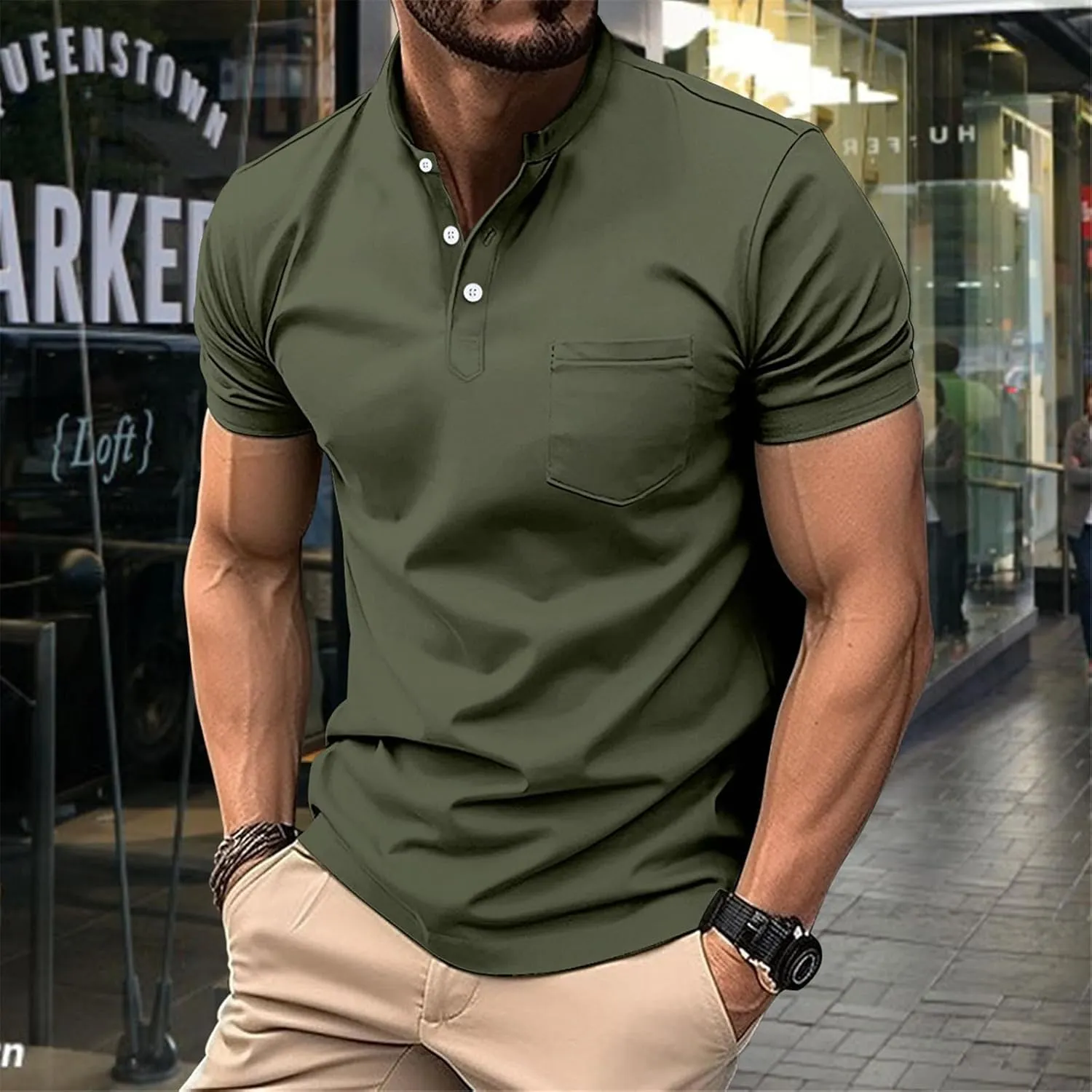 Mens Short Sleeve Polo Shirt Sports T-Shirt Athletic Golf Polos Casual Fashion Stand Collar Shirts with Chest Pocket