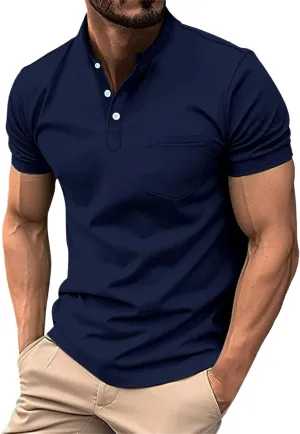 Mens Short Sleeve Polo Shirt Sports T-Shirt Athletic Golf Polos Casual Fashion Stand Collar Shirts with Chest Pocket