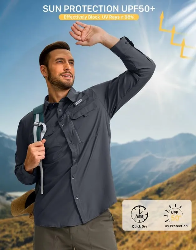 Men's Sun Protection Fishing Shirt with Zipper Pockets Long Sleeve UPF 50  UV Cooling Shirts for Men Hiking Travel