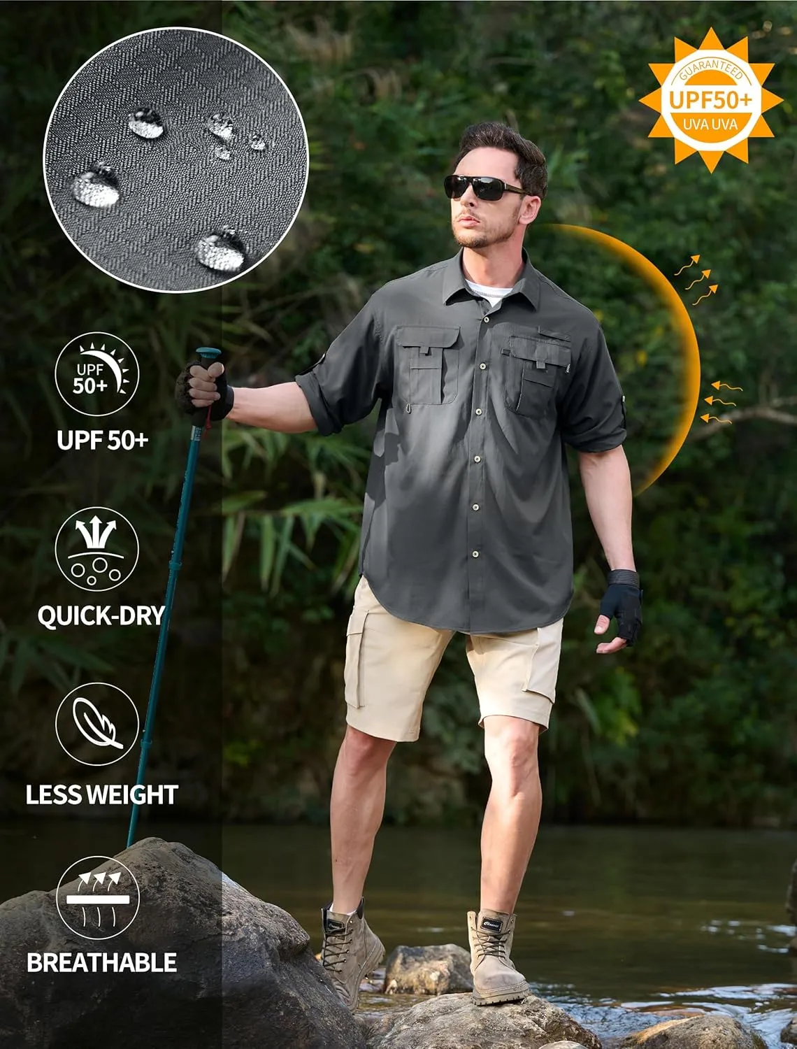 Men's Sun Protection Fishing Shirts Lightweight Long Sleeve UPF 50  Travel Work Hiking Shirts with Pockets