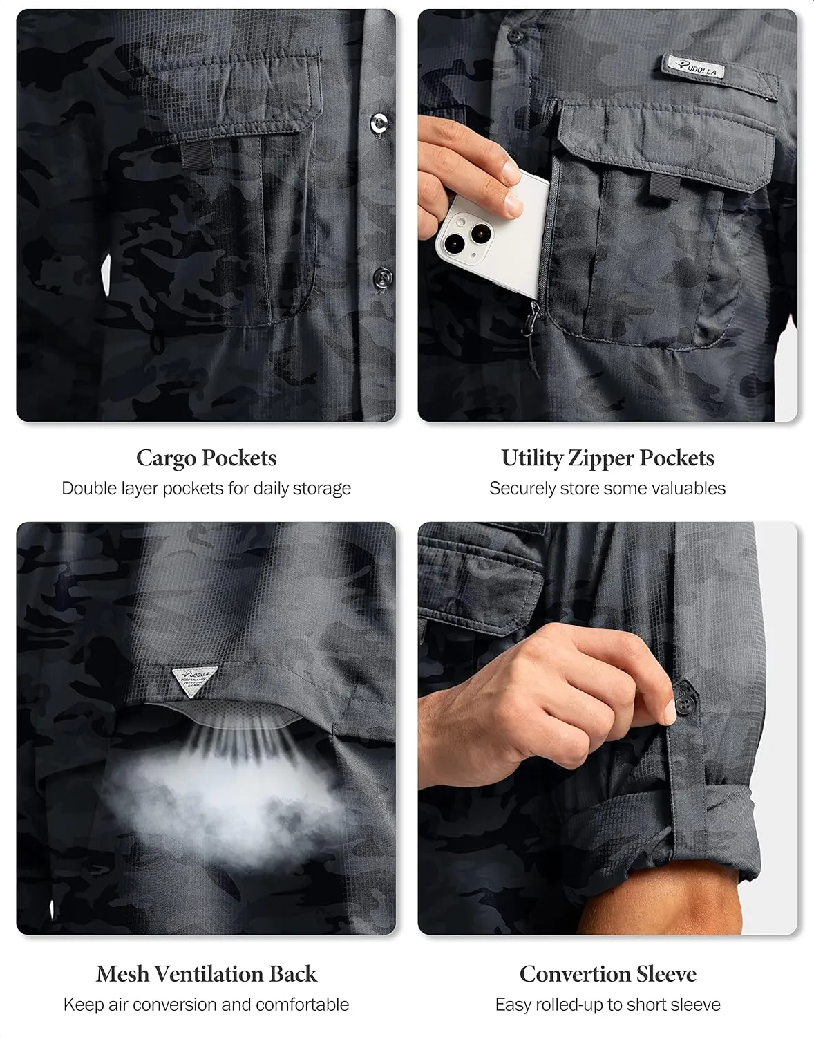 Men's Sun Protection Fishing Shirts Long Sleeve Travel Work Shirts for Men UPF50  Button Down Shirts with Zipper Pockets