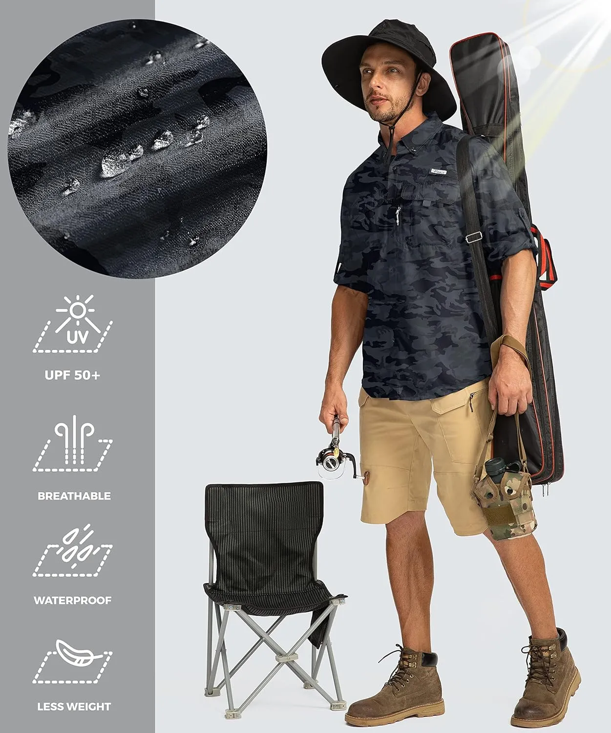 Men's Sun Protection Fishing Shirts Long Sleeve Travel Work Shirts for Men UPF50  Button Down Shirts with Zipper Pockets