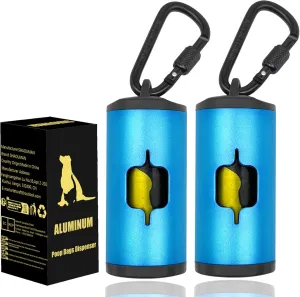 Metal Dog Poop Bag Holder 2-Pack w/Leash Clip|Durable Scratch-Resistant Aluminum|30 Bags 6 Accessories（Blue）