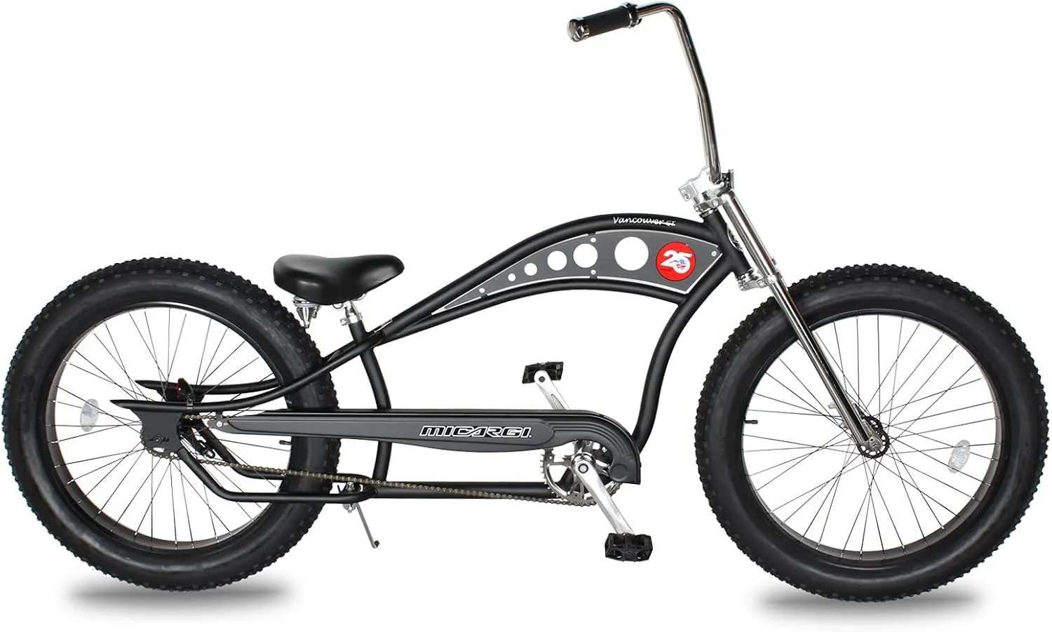 MICARGI 26 Vancouver Complete Cruiser Bikes Stretch Steel Frame Single-Speed & 7-Speed High Rise Handlebars & Low Handlebars Fat Tires Adult Beach Cruiser Chopper Bike Multiple Color
