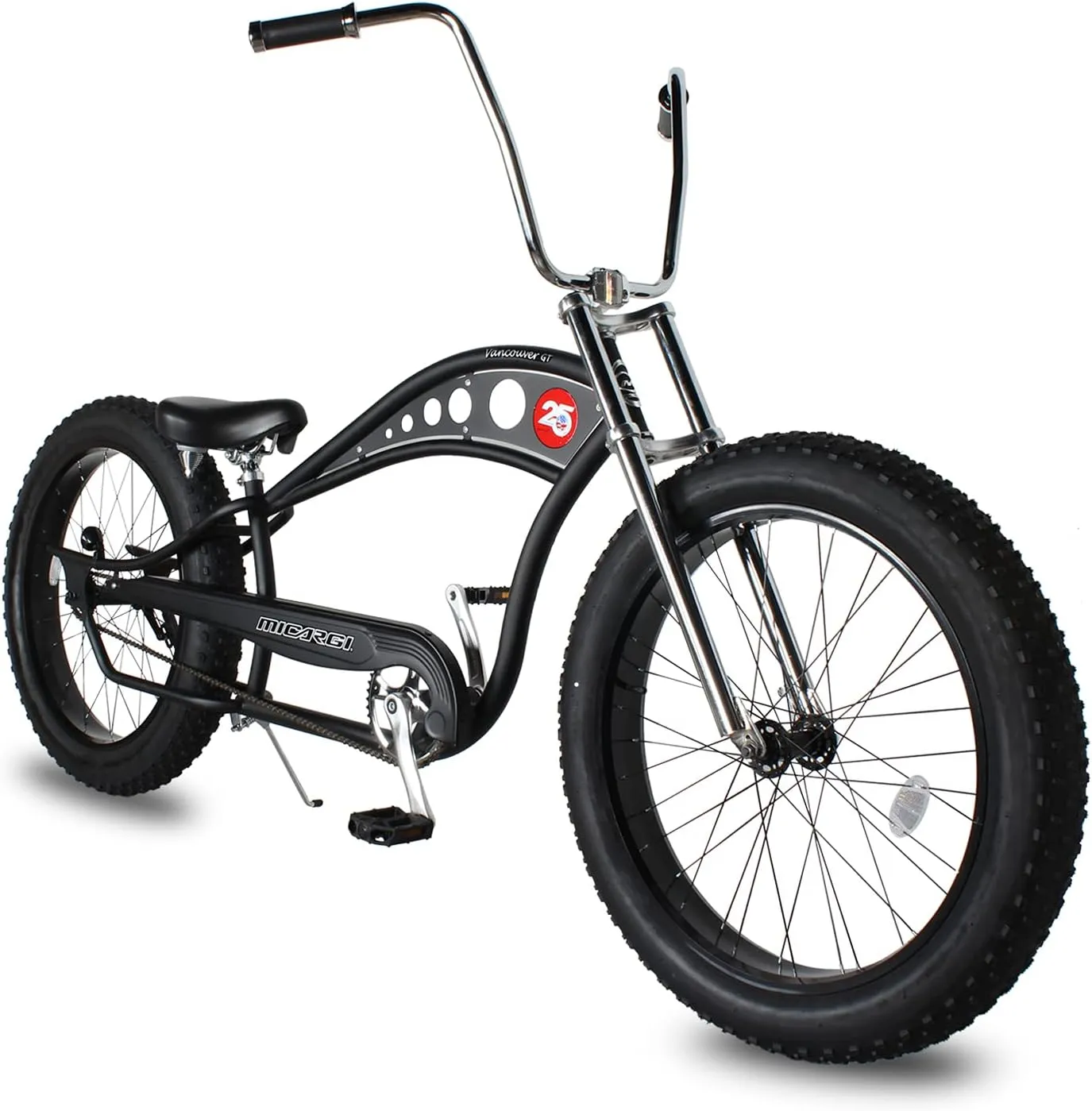 MICARGI 26 Vancouver Complete Cruiser Bikes Stretch Steel Frame Single-Speed & 7-Speed High Rise Handlebars & Low Handlebars Fat Tires Adult Beach Cruiser Chopper Bike Multiple Color