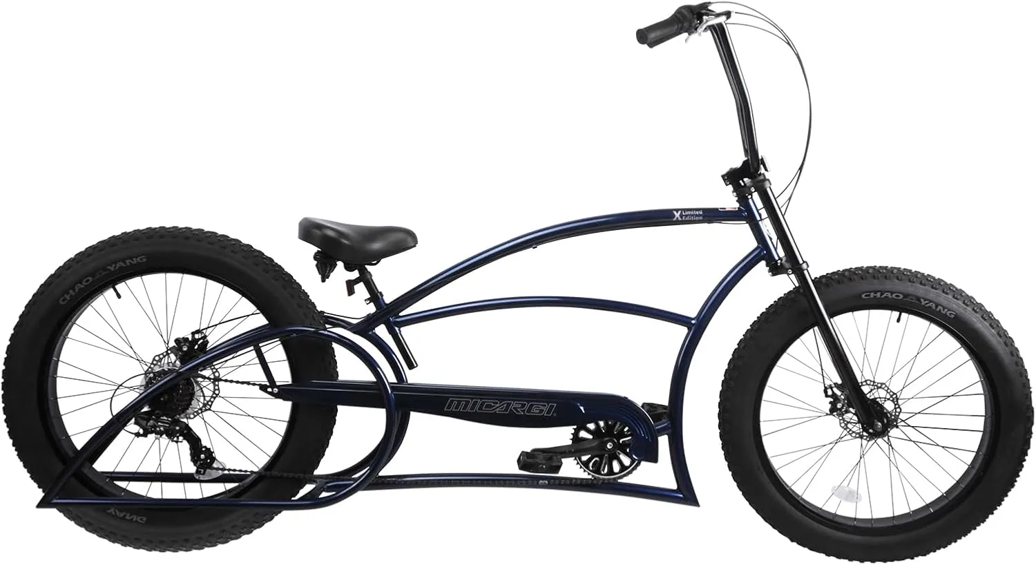 MICARGI BOMBITA-XLE-GT7-DBL 26-Inch Chopper-Style Stretch Cruiser Bike 7-Speed DISC Brake, Fat Tire Bike, Mens Bike, Complete Cruiser Bikes (Dark Blue)